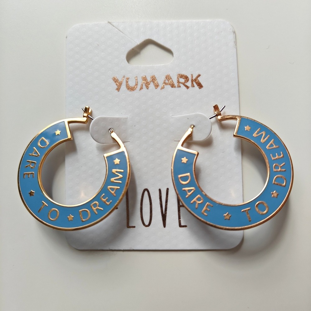 Yumark Dare To Dream Pale Blue Enamel Gold Tone Star Hoop Earrings NEW Lettering